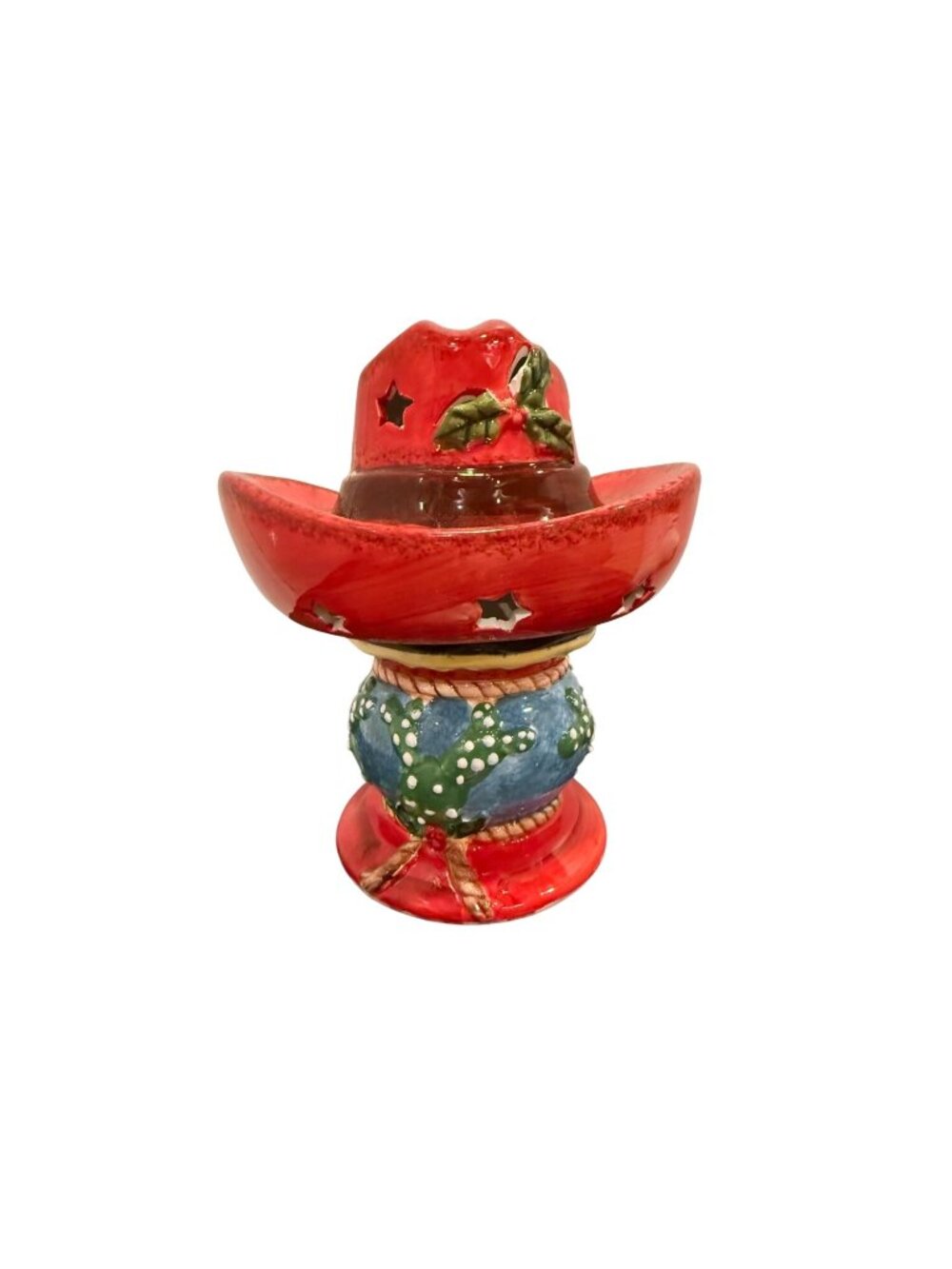 Hand-Painted Ceramic Cowboy Hat & Cactus-Themed Candle Holder Set